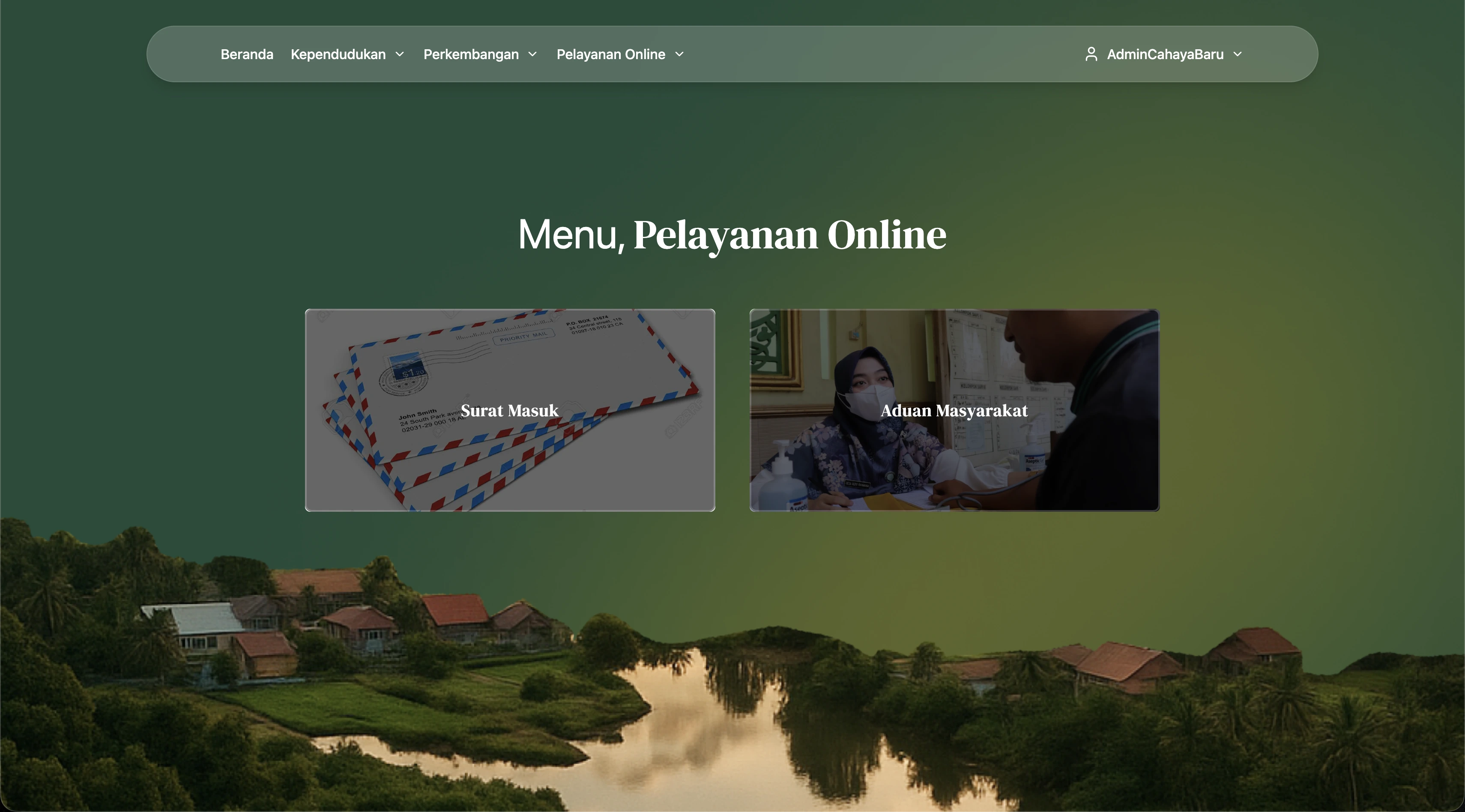Pelayanan Online section menu — Surat Masuk (incoming letters) and Aduan Masyarakat (citizen complaints) modules.