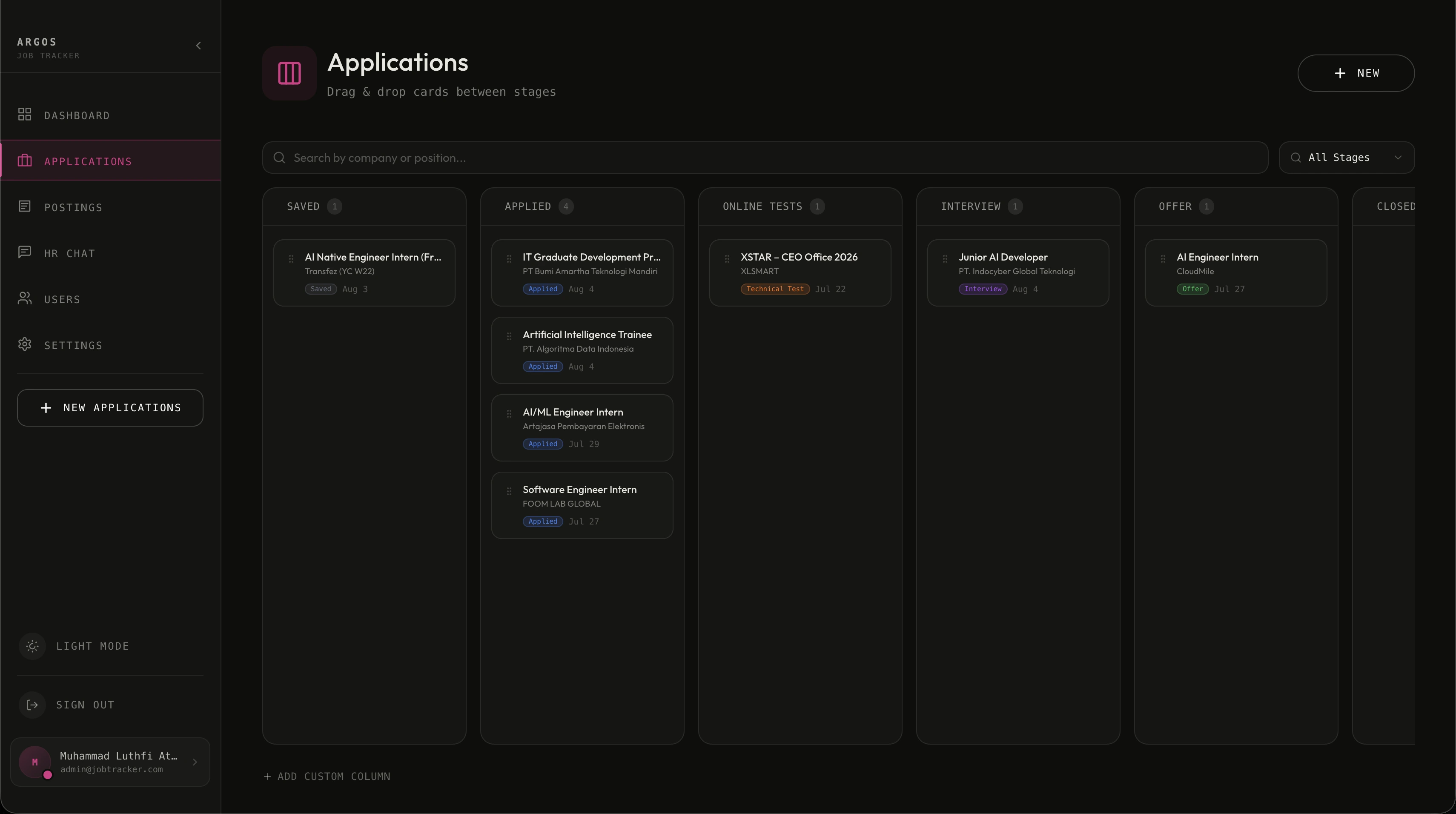 Kanban board — drag-and-drop pipeline from Saved to Offer with custom columns