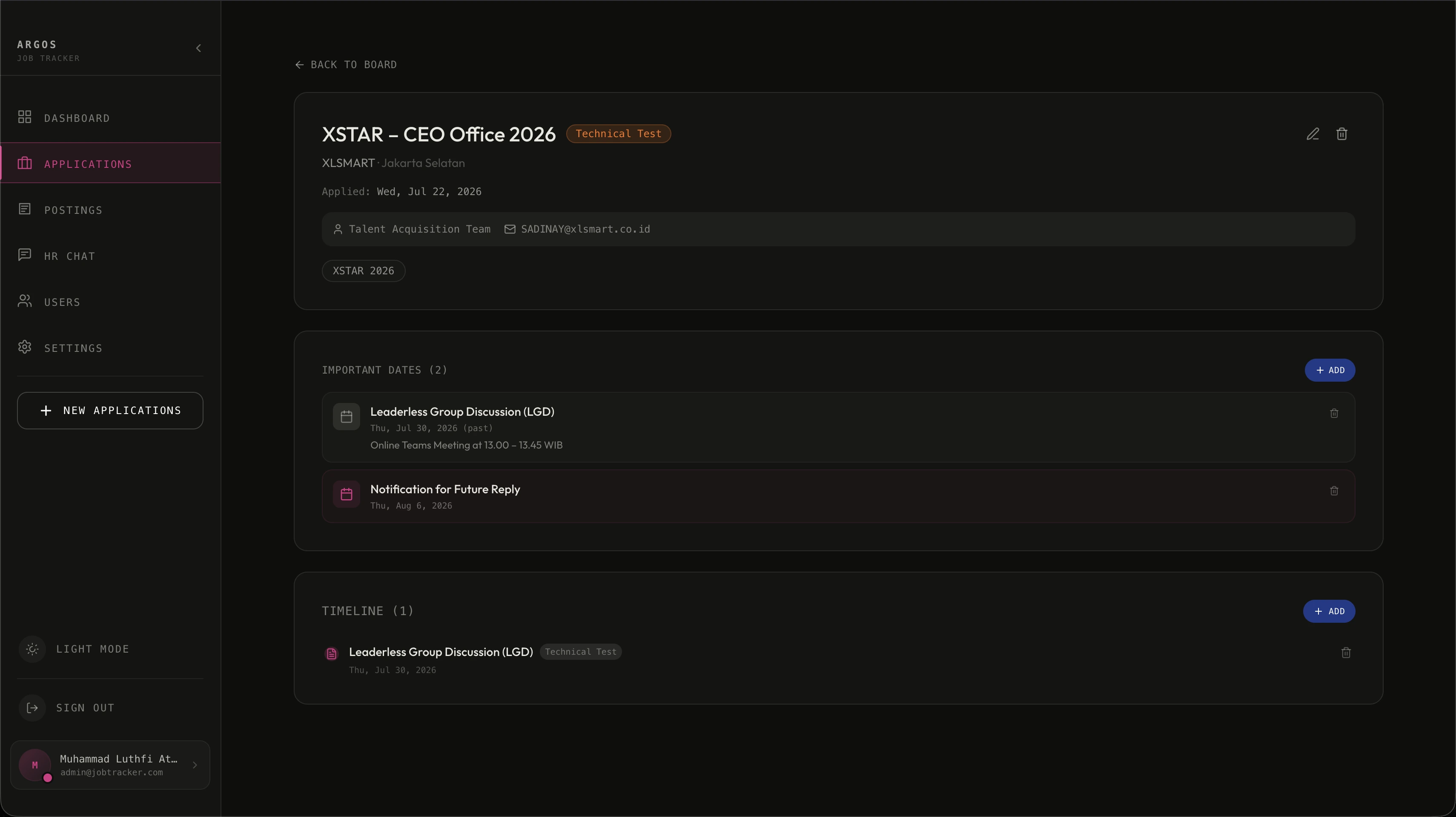 Application detail — timeline, important dates, and contact info