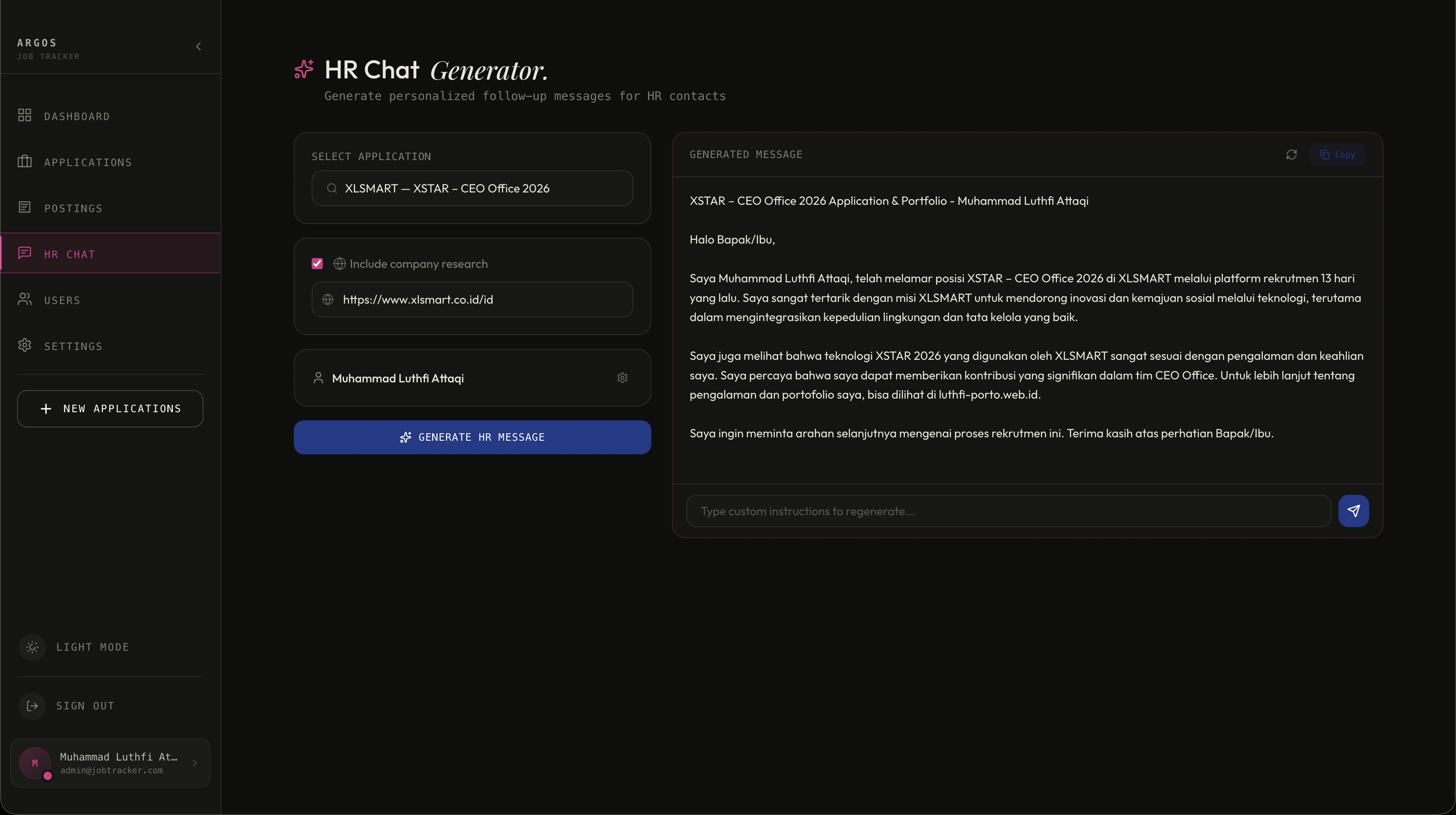 HR message generator — AI-crafted outreach with tone and length controls