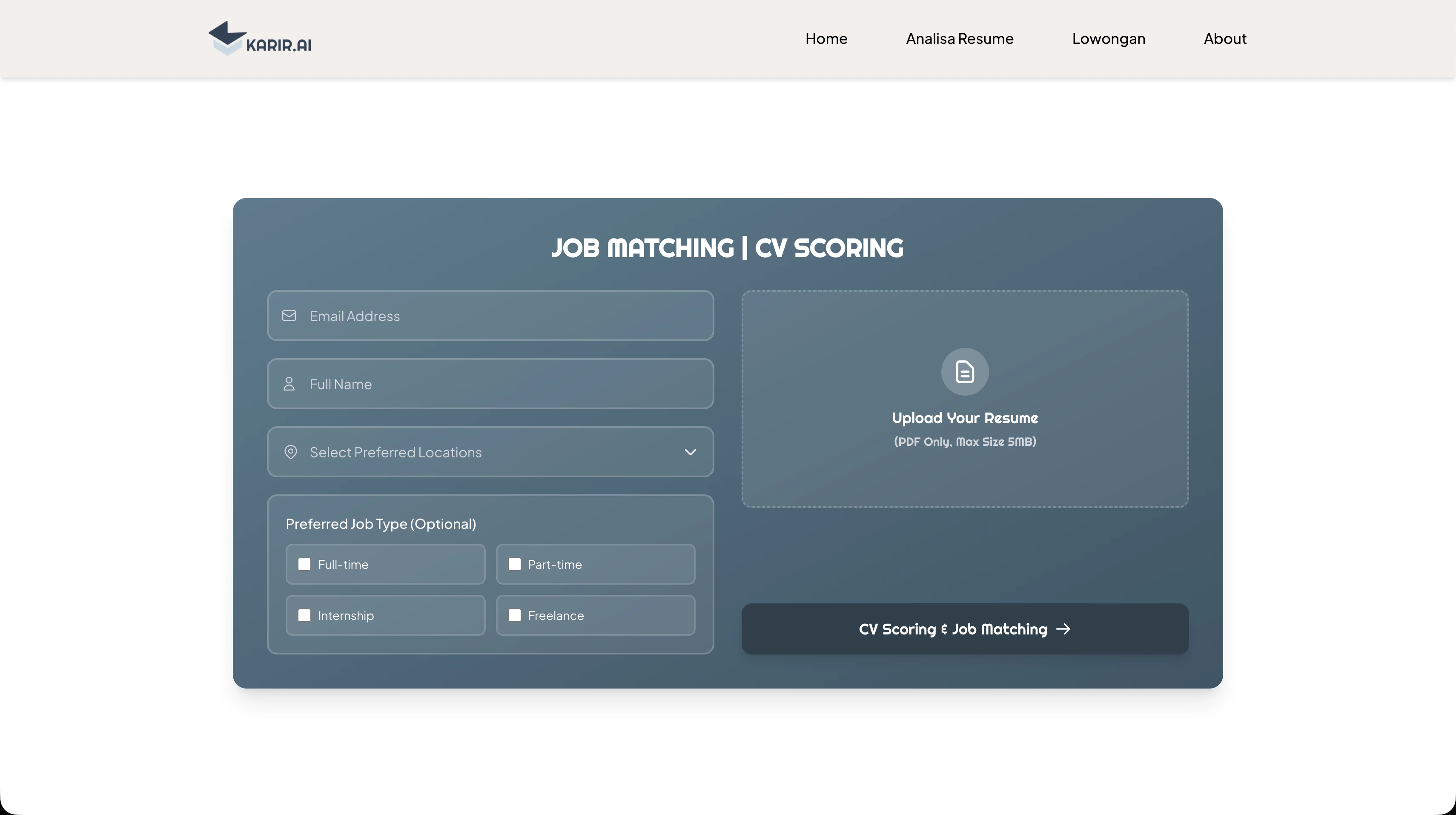 CV upload form — submit a resume for AI-powered Job Matching and CV Scoring