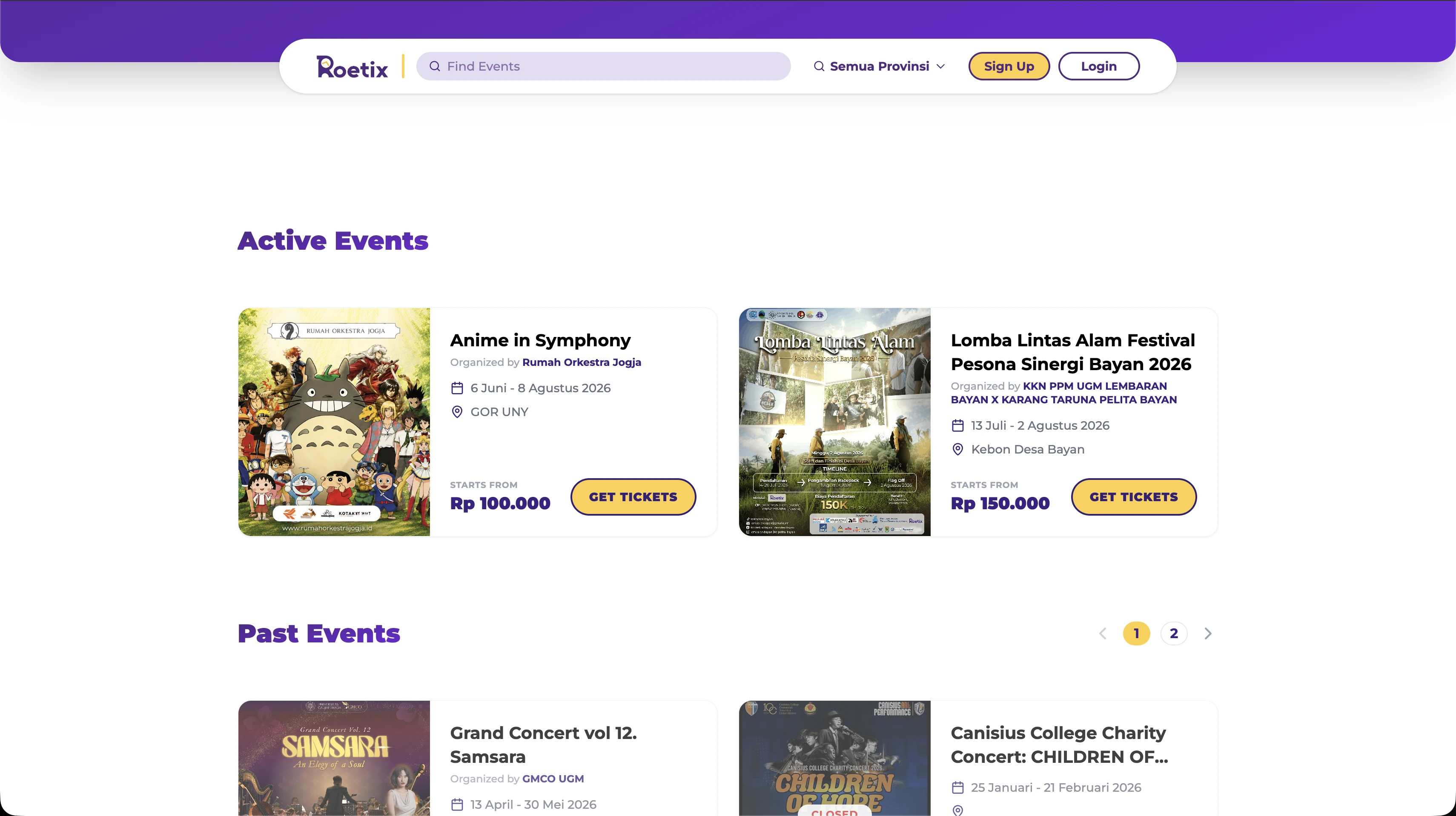 Event discovery dashboard surfacing active and past events in a unified grid, letting attendees browse ongoing and completed events with real-time status indicators.