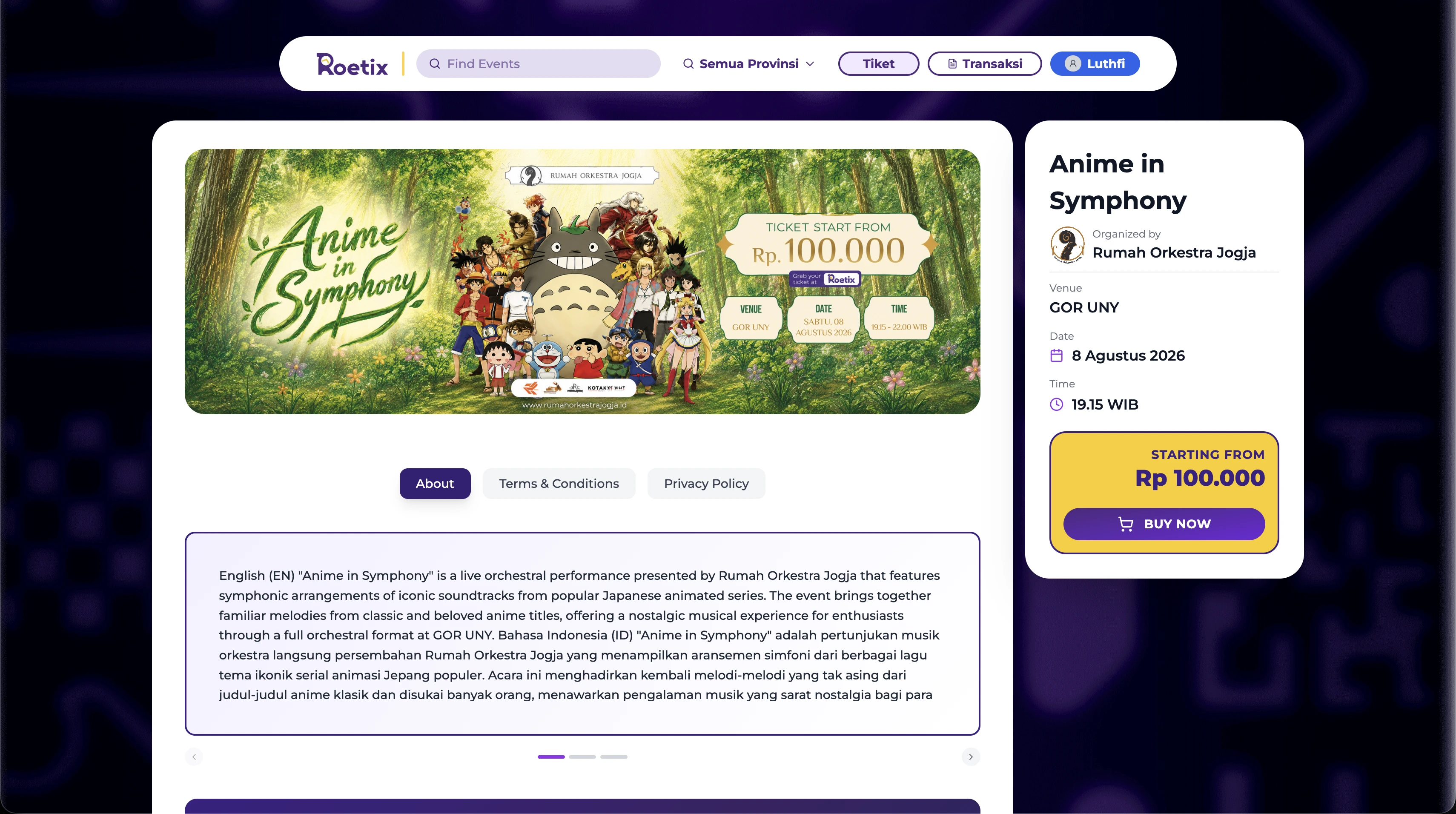 Event detail page featuring the primary banner, full description, terms and conditions, and privacy policy — with a prominent checkout call-to-action driving conversion.