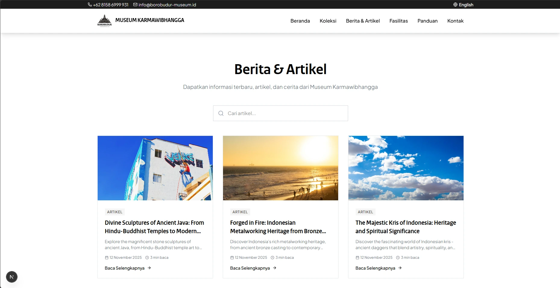 Articles section — editorial content extending the in-museum experience with deeper historical and cultural context for visitors.
