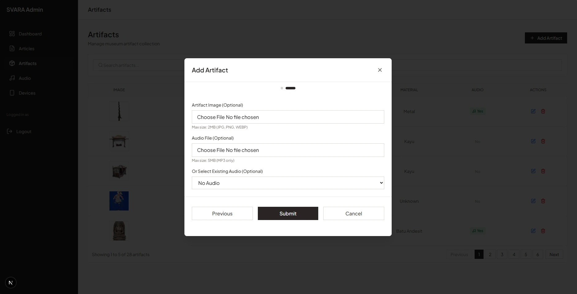Admin dashboard — centralized artifact catalog where museum operators manage exhibit entries and their associated SVARA devices.