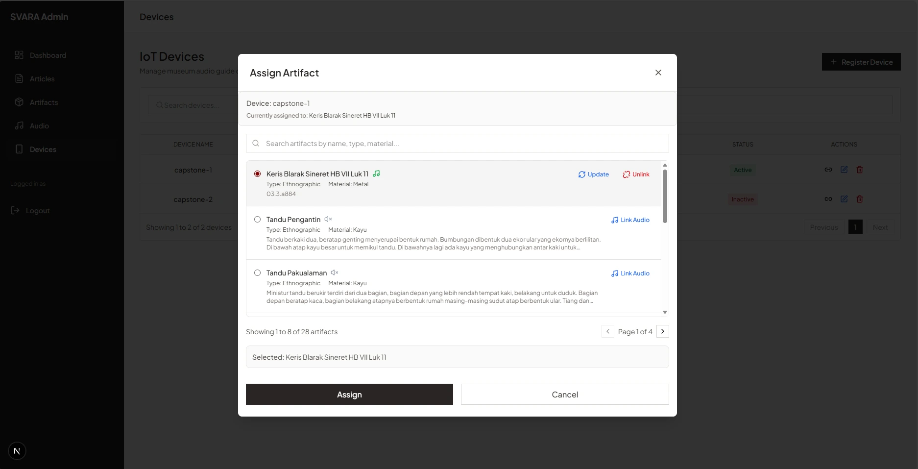 Device assignment flow — pairing a SVARA hardware unit to a specific artifact, linking proximity-triggered audio content to physical exhibits.
